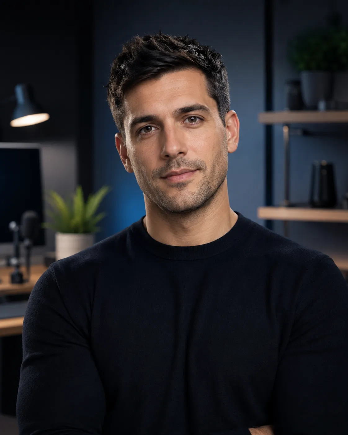 Kai Mercer in a practical tech creator setup with crisp product lighting.